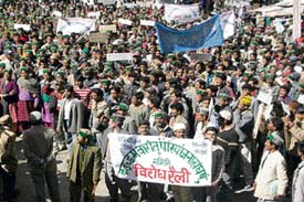 A file photograph of tribal people of Kinnaur protesting against coming up of Kinnaur hydro-project.