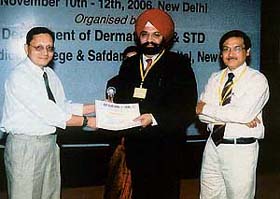 Dr Gurinderjit Singh, chief dermatologist at Mohan Dai Oswal Cancer Treatment and Research Foundation, being felicitated at the national conference of the Association of Cutaneous Surgeons in New Delhi