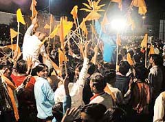 Activists greet leaders with party flags at a SAD ticket aspirant’s function in Bathinda