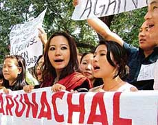 Activists of the Arunachal Pradesh Student Union demonstrate against the Chinese claim on Arunachal near the Chinese embassy in New Delhi on Sunday. 