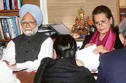 AICC President and UPA Chairperson Sonia Gandhi with Prime Minister Manmohan Singh during the CWC meeting at 10 Janpath in New Delhi on Tuesday. 