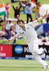 S. Sreesanth celebrates after dismissing South Africa's opening batsman Graeme Smith on the third day of the first Test at the Wanderers Stadium in Johannesburg on Sunday