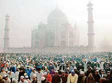 Muslims offer Id prayers at the Taj Mahal in Agra on Monday