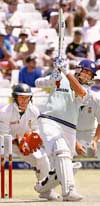 Sourav Ganguly plays a shot on the second day of the third and final Test at Newlands in Cape Town on Wednesday