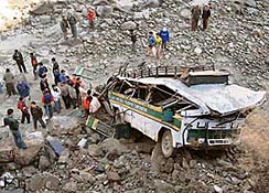 The wreckage of the bus that fell into the Chenab on Thursday.