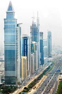 A view shows the high-rise buildings of Dubai’s Sheikh Zayed Avenue