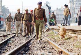 Police officials and a sniffer dog patrol the railway tracks in Guwahati