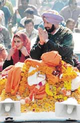 Chief Minister Capt Amarinder Singh being greeted by supporters after he filed his papers for the Patiala seat