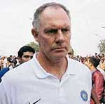 Coach Greg Chappell arrives at the Bhubaneswar airport, where he was manhandled by Kalinga Sena activist Biranchi Maharana on Monday. 