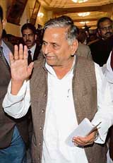 Uttar Pradesh Chief Minister Mulayam Singh Yadav in a jubilant mood after winning the vote of confidence at Vidhan Bhavan in Lucknow on Thursday