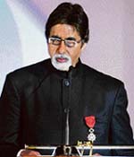 Amitabh Bachchan speaks after receiving the Legion d'Honneur in New Delhi Saturday. 