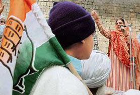 Deputy Chief Minister and Congress candidate for the Lehragaga constituency Rajinder Kaur Bhattal addresses a rally at Lehal Kala village.