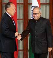 External Affairs Minister Pranab Mukherjee with the Foreign Minister of the People's Republic of China Li Zhaoxing prior to a meeting in New Delhi on Tuesday. 
