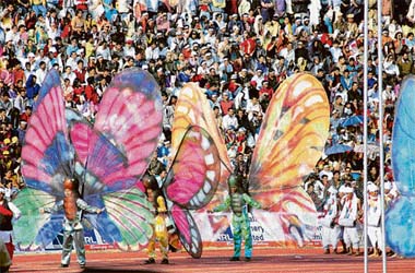 Artistes perform during the closing ceremony of the 33rd National Games at Indira Gandhi Athletics Stadium in Guwahati