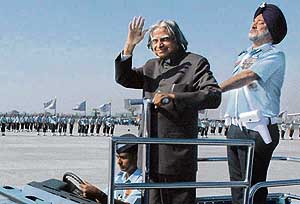 President A.P.J. Abdul Kalam waves after inspecting the parade during the IAF presidential fleet review in Chandigarh on Wednesday.