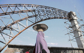 A woman labourer carries cement mixture over her head at a construction site in Chandigarh