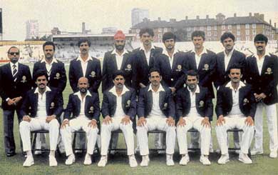 Sitting (from left): Dilip Vengsarkar, Syed Kirmani, Kapil Dev (captain), Mohinder Amarnath (vice-captain), Sunil Gavaskar and Madan Lal. Standing (from left): Man Singh (manager), Yashpal Sharma, K. Srikkanth, Balwinder Sandhu, Ravi Shastri, Sandeep Patil, Roger Binny, Kirti Azad and Sunil Valson.