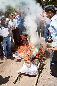Cricket supporters burn an effigy representing Indian cricket at a mock funeral in Ahmedabad on Saturday, after the Indian teams defeat by Sri Lanka in their World Cup match.