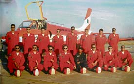 Pilots of the Suryakiran team beside a Kiran-II aircraft