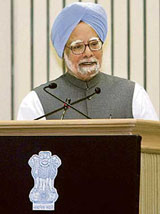 Prime Minister Manmohan Singh addresses the conference of CMs and Chief Justices of High Courts in New Delhi on Sunday.
