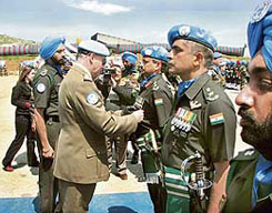 The Force Commander, United Nations Interim Force in Lebanon, Maj Gen Claudio Graziano, presents UN medals to personnel of 15 Punjab at a function in Lebanon, organised to mark the battalion’s 302nd Raising Day.
