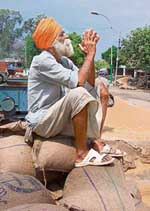 Hit a second time by hailstorms, a farmer pleads for divine intervention as he waits for his soggy wheat to be lifted at Khanna mandi in Punjab on Wednesday. 