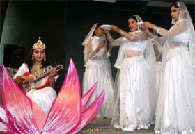 Students of Springdale school present Saraswati Vandana during the prize distribution ceremony in Amritsar.