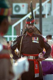 A Pakistan Ranger during the retreat ceremony at Wagah check post in Amritsar on Friday.