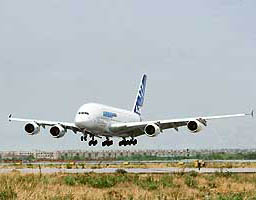 A superjumbo Airbus A380 about to land at Indira Gandhi International Airport in New Delhi on Sunday. The worlds first double-deck passenger aircraft is on its maiden visit to the country. 