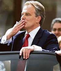 Britain's Prime Minister Tony Blair departs from Trimdon Labour Club in Trimdon, northeast England