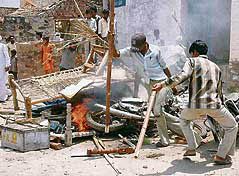 Members of the Gurjar community protest at Kama Khoh village in Bharatpur district of Rajasthan on Wednesday.