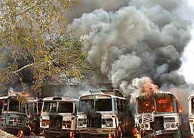 The buses parked near the Jagpura police station in Kota, Rajasthan set on fire by agitating Gujjars