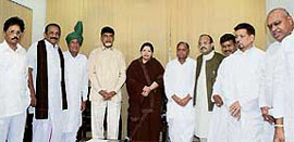 TDP supremo N Chandrababu Naidu, AIADMK chief J. Jayalalithaa, Samajwadi Party leaders Mulayam Singh Yadav and Amar Singh, and INLD chief Om Prakash Chautala among other leaders during the Third Front meeting in Hyderabad on Wednesday.