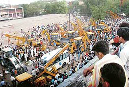 A view of the relief and rescue operation at the Sector 26 Grain Market in Chandigarh on Sunday.