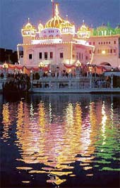 An illuminated Darbar Sahib at Tarn Taran on the eve of martyrdom day of Guru Arjan Dev on Friday.