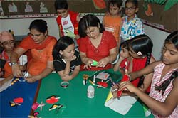 Children learn art and craft skills in a camp at Eklavya school in Jalandhar on Tuesday.
