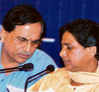 Mayawati along with BSP General Secretary SC Mishra at a press conference in Lucknow on Wednesday.