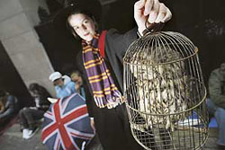 Oscar Sieling from Copenhagen holds up his stuffed owl as he waits for the release of the final instalment of the Harry Potter series of books at Waterstones bookstore on Piccadilly in London, on Saturday.