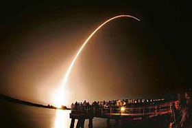 The Phoenix spacecraft lifts off successfully from Kennedy Space Center as viewed from Jetty Park in Cape Canaveral, Florida on Saturday.
