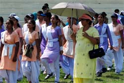 Students march during Independence Day rehearsals at Guru Gobind Singh Stadium in Jalandhar on Thursday