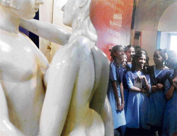 As part of sex education, schoolgirls view exhibits in Antarang, the country’s first sex museum in Mumbai