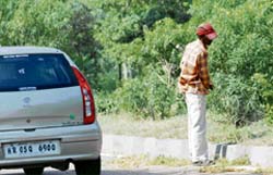 A worker engaged in cutting grass along the GT Road in Panipat without wearing a safety jacket