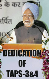 Prime Minister Manmohan Singh gestures as he addresses a function at the Tarapur Atomic Power Station (TAPS) at Tarapur, some 125 kms north of Mumbai, on Friday.