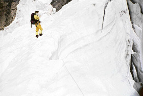 Crossing the Icefall at the foot of Nun.— Photo by Author