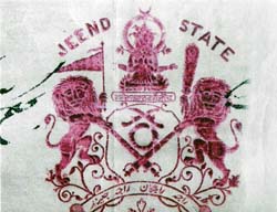 A copy of the seal used by erstwhile ruler Raja Gajpat Singh in 1772, which spells the name of the city as Jeend