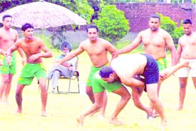 A match in progress during the GNDU inter-college kabaddi (Punjab style) tournament being held in Amritsar