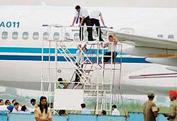 The Turkeminstan Airways plane that rammed into an aero-bridge during takeoff at Rajasansi International Airport, Amritsar, on Monday.