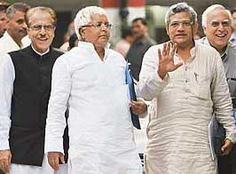 CPM Politburo member Sitaram Yechury gestures as he leaves after attending a meeting at the residence of External Affairs Minister Pranab Mukherjee in New Delhi on Wednesday.