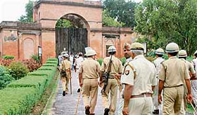 Heavy police force guards graves of Britishers in The Residency in view of the BJP's Shaurya Divas celebration in Lucknow on Monday.