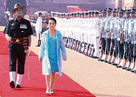 Phillippines President Gloria Macapagal-Arroyo inspects the guard of honour during the ceremonial reception at the forecourt of Rashtrapati Bhavan in New Delhi on Friday.